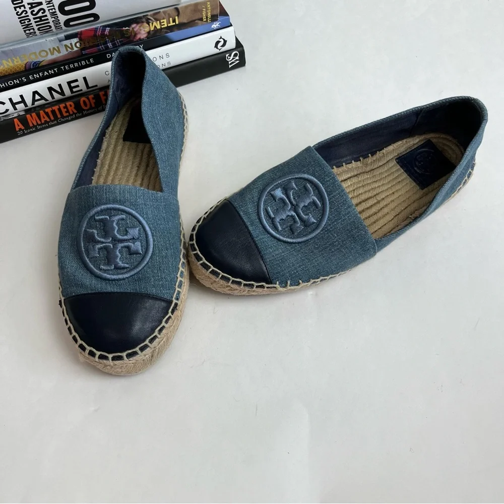 TORY BURCH Benton Slip On Platform Espadrille Flat Denim Navy Chambru